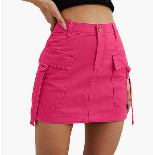 Cargo Pocket High Waist Mini Skirt - RoseRed