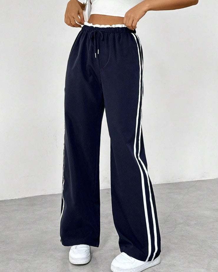 Wide Leg Drawstring Sweatpants With Side Stripes - TBlue