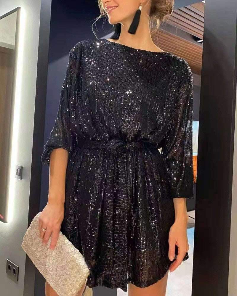 Sequin Tie Waist Balloon Sleeve Mini Dress - Black