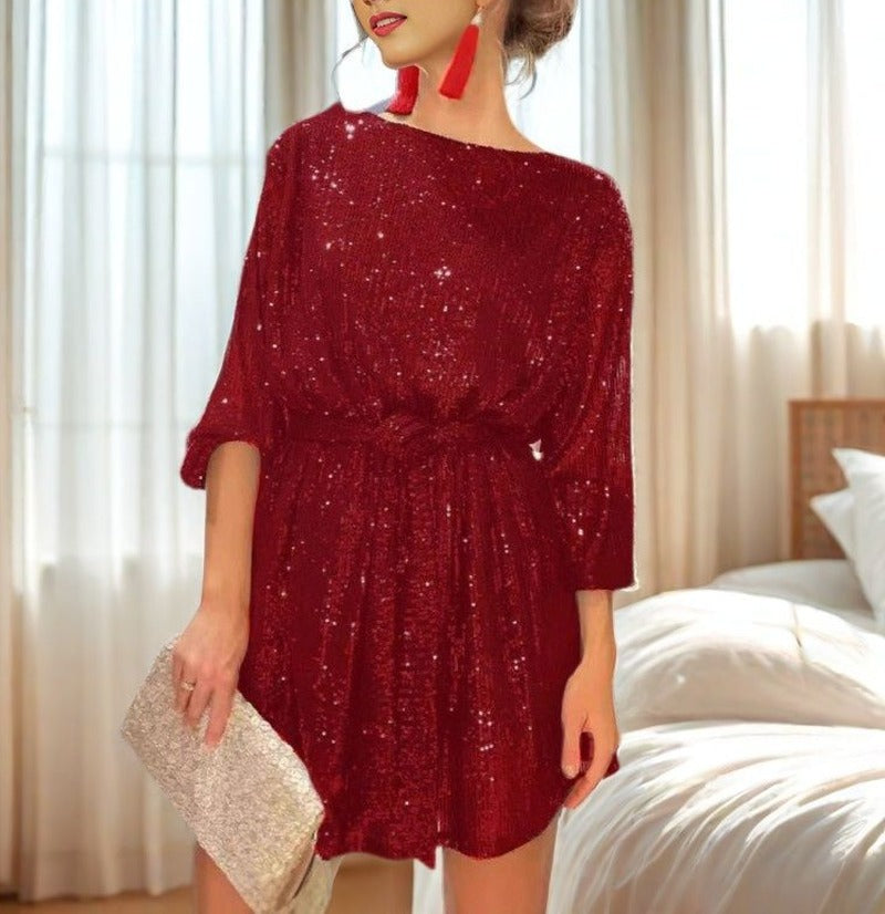 Sequin Tie Waist Balloon Sleeve Mini Dress - Burgundy