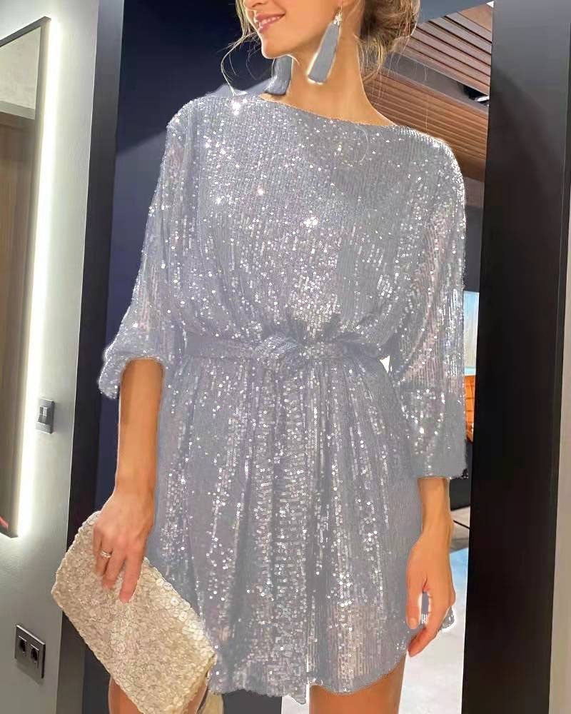 Sequin Tie Waist Balloon Sleeve Mini Dress - Gray