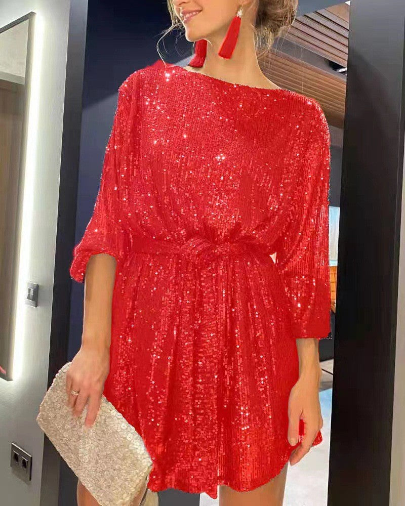 Sequin Tie Waist Balloon Sleeve Mini Dress - Red
