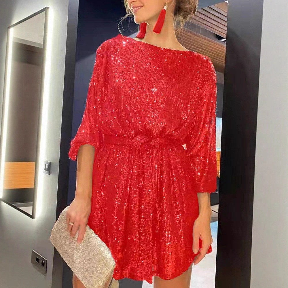 Sequin Tie Waist Balloon Sleeve Mini Dress