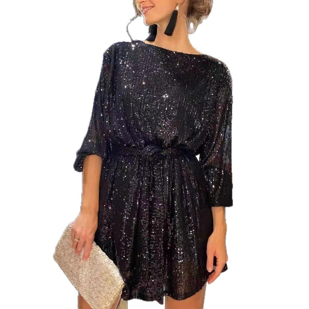 Sequin Tie Waist Balloon Sleeve Mini Dress