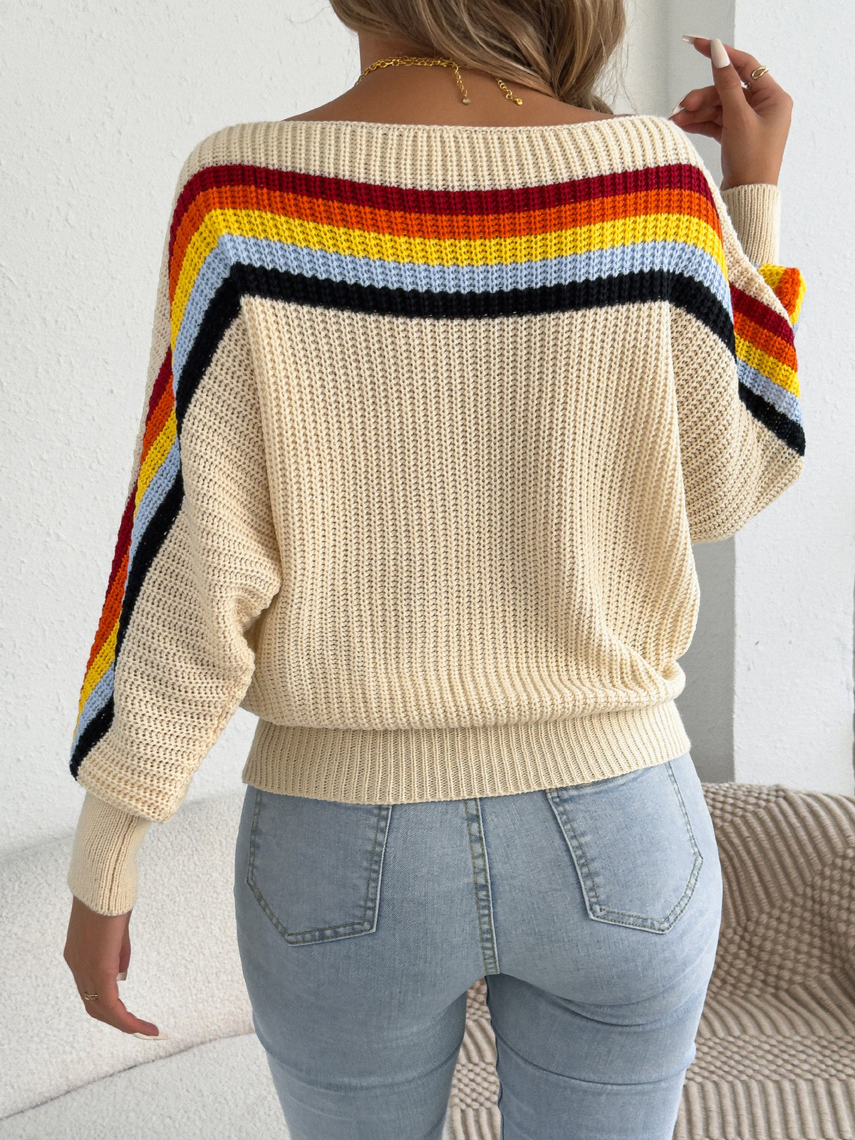 Striped Boat Neck Batwing Knit Sweater - Apricot - 1