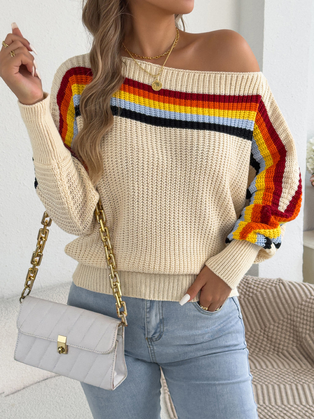 Striped Boat Neck Batwing Knit Sweater - Apricot - 2
