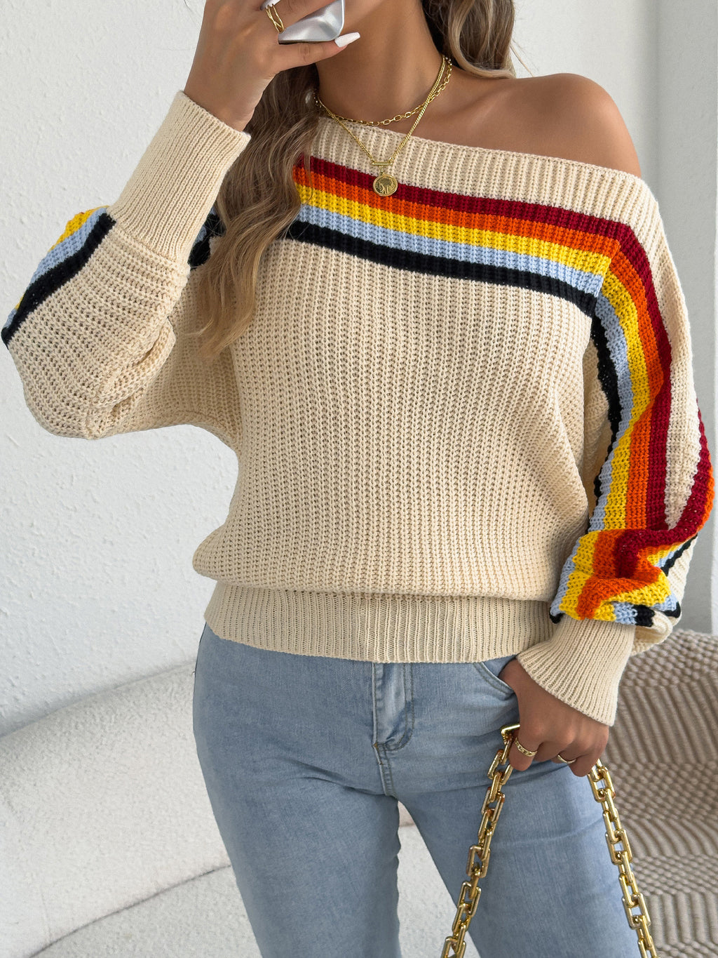 Striped Boat Neck Batwing Knit Sweater - Apricot - 3