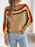 Striped Boat Neck Batwing Knit Sweater - Khaki