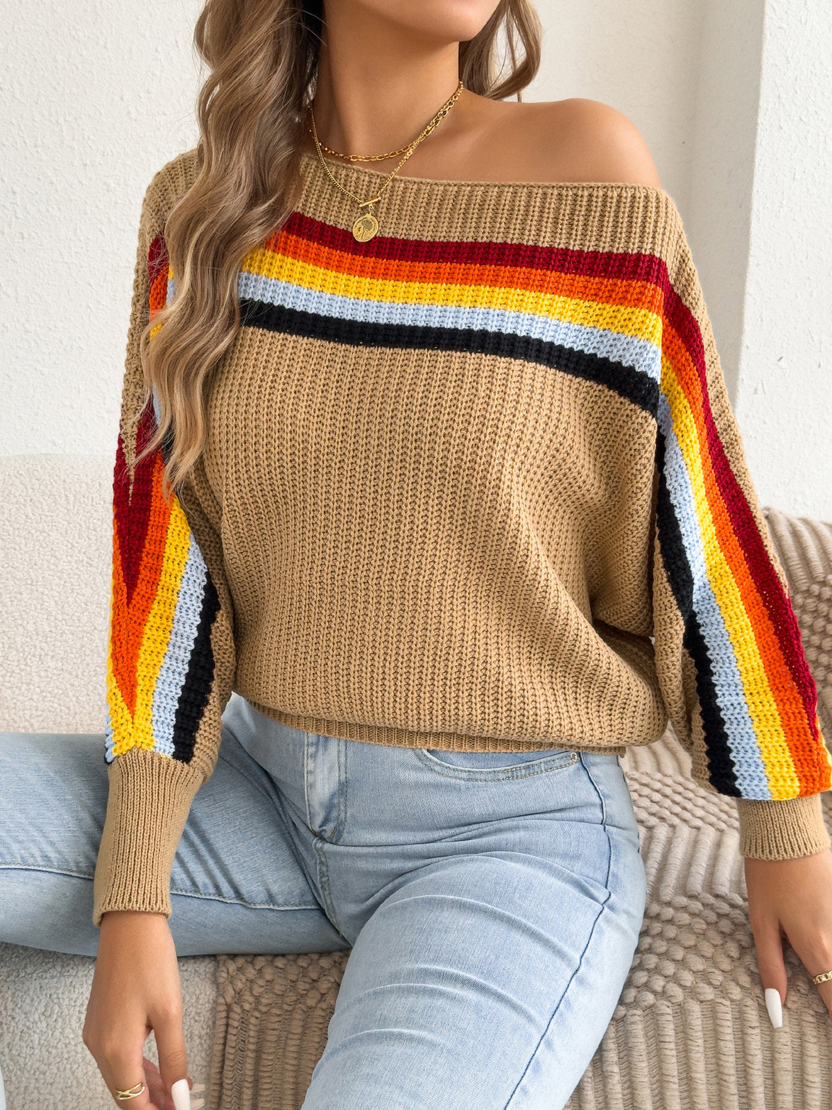 Striped Boat Neck Batwing Knit Sweater - Khaki - 2