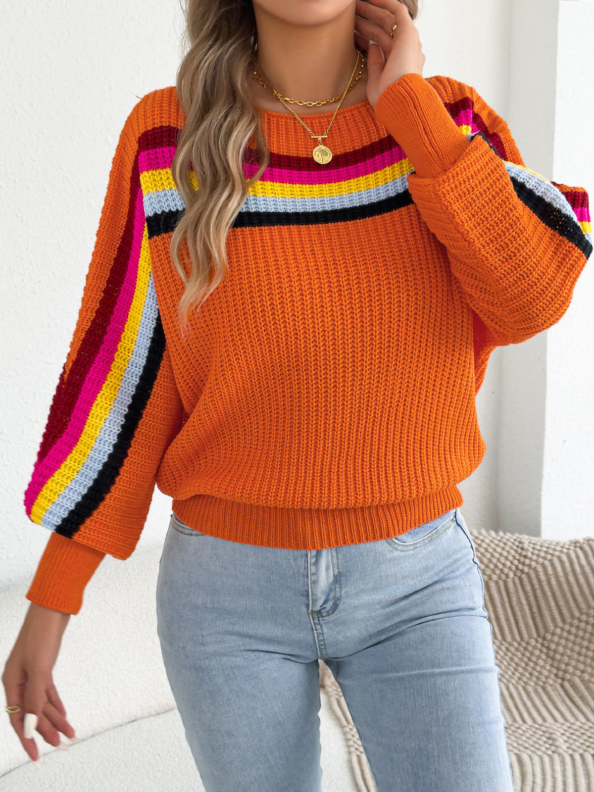 Striped Boat Neck Batwing Knit Sweater - Orange