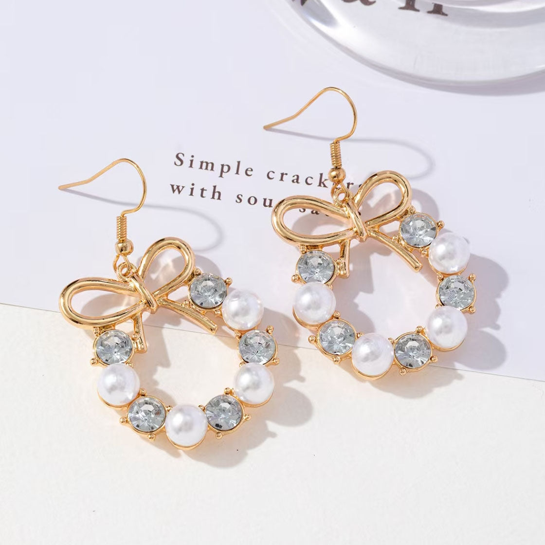 Pearl and Crystal Bow Wreath Earrings - Gold