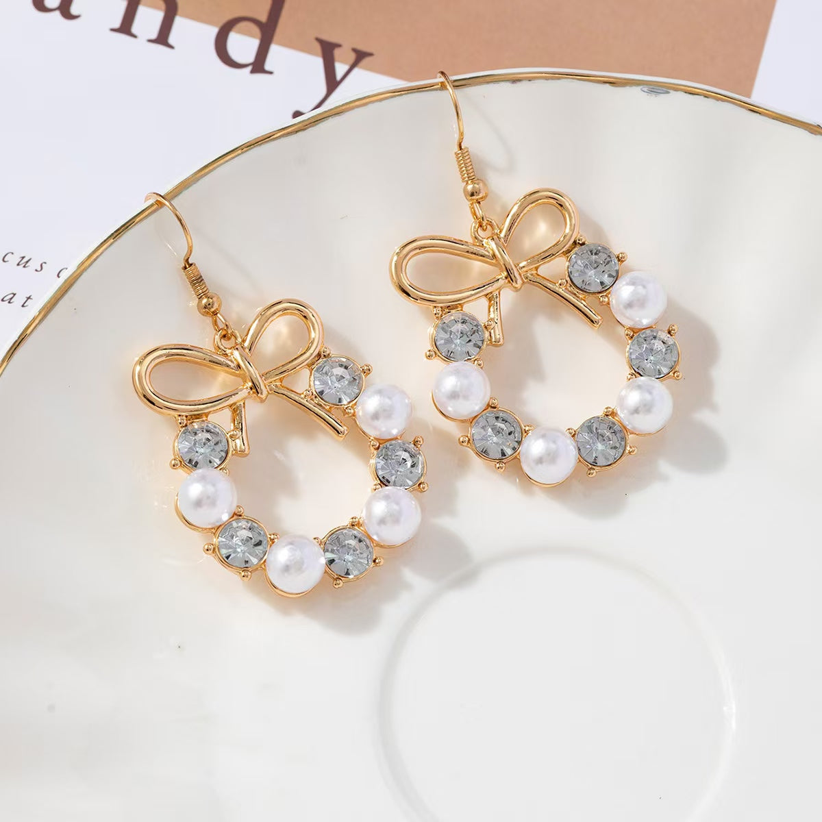 Pearl and Crystal Bow Wreath Earrings - view 1