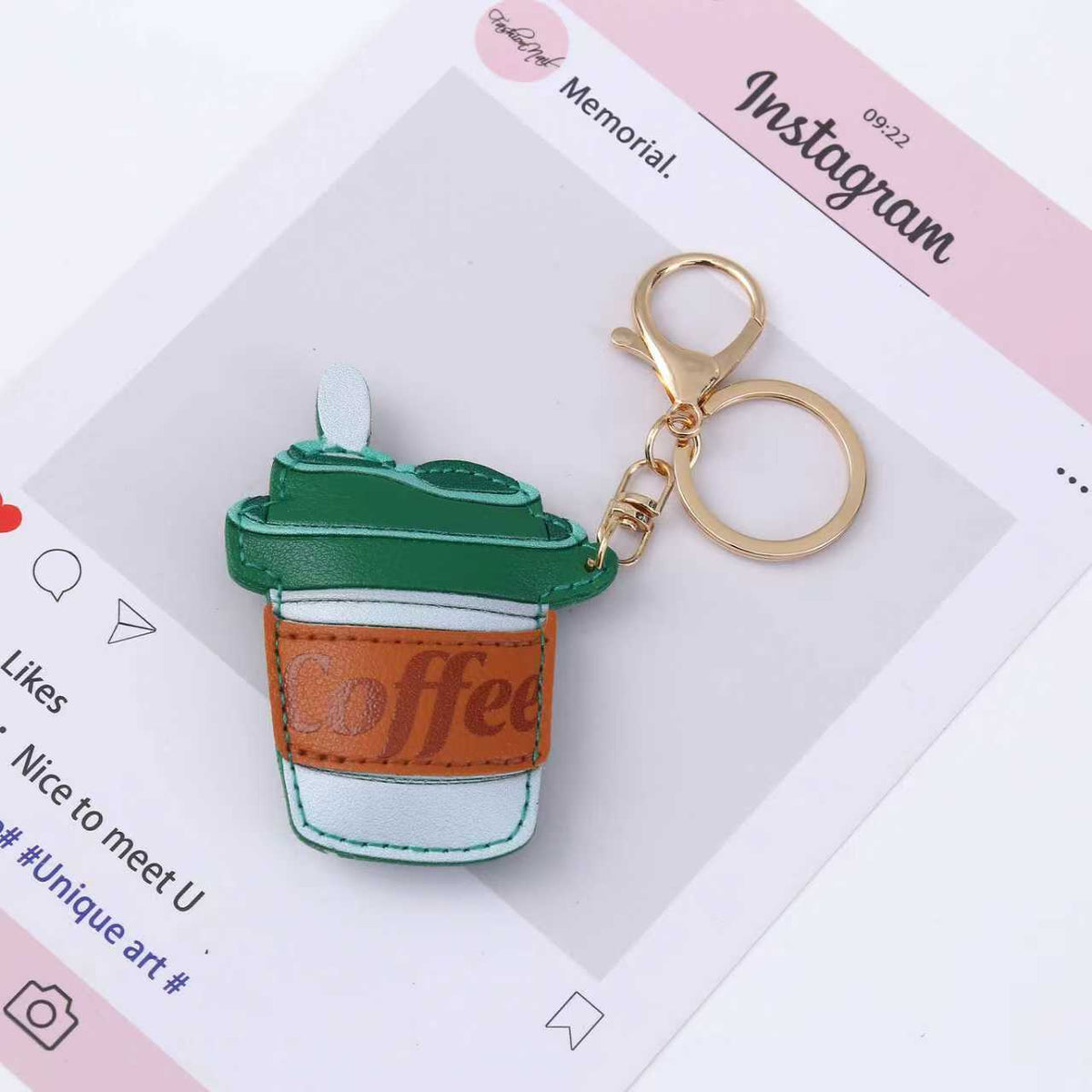 Whimsical Coffee Cup Faux-Leather Keyring Charm - Green