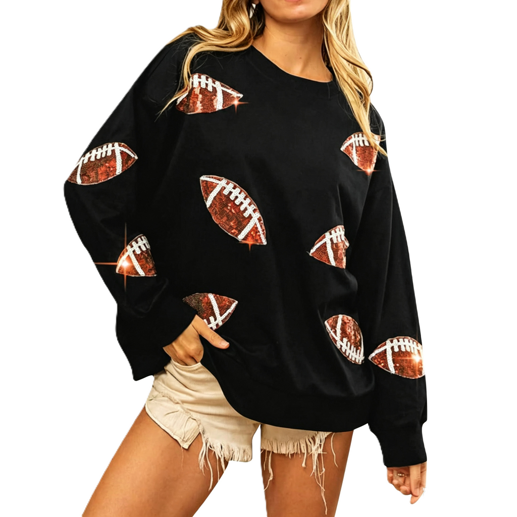 Sequin Football Patch Oversized Crew Sweatshirt - Black