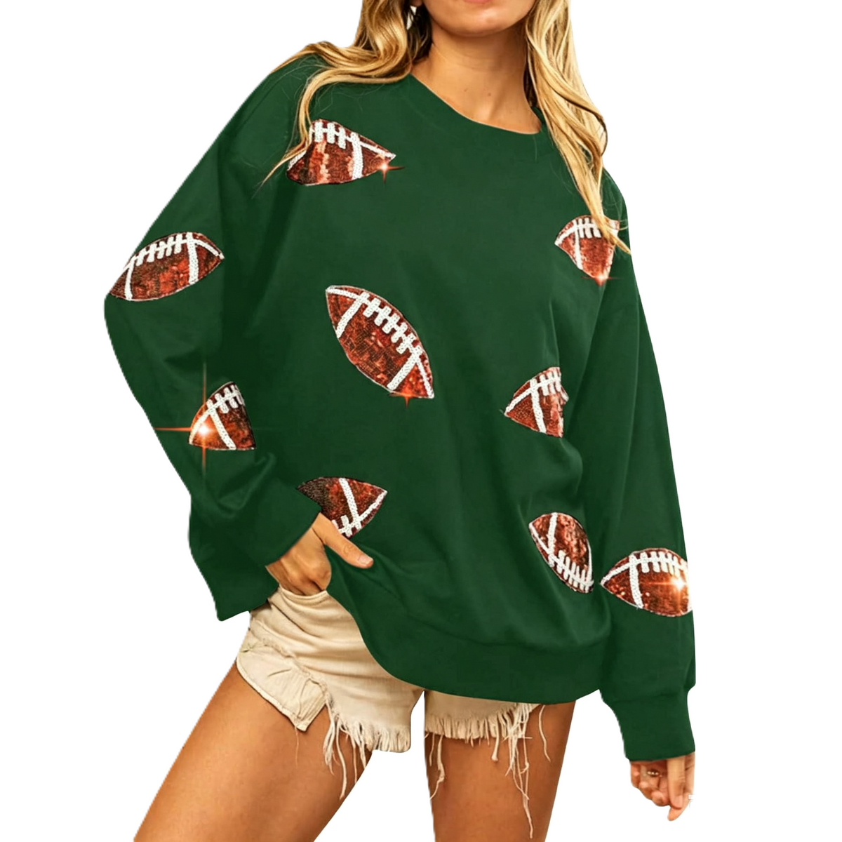 Sequin Football Patch Oversized Crew Sweatshirt - Green