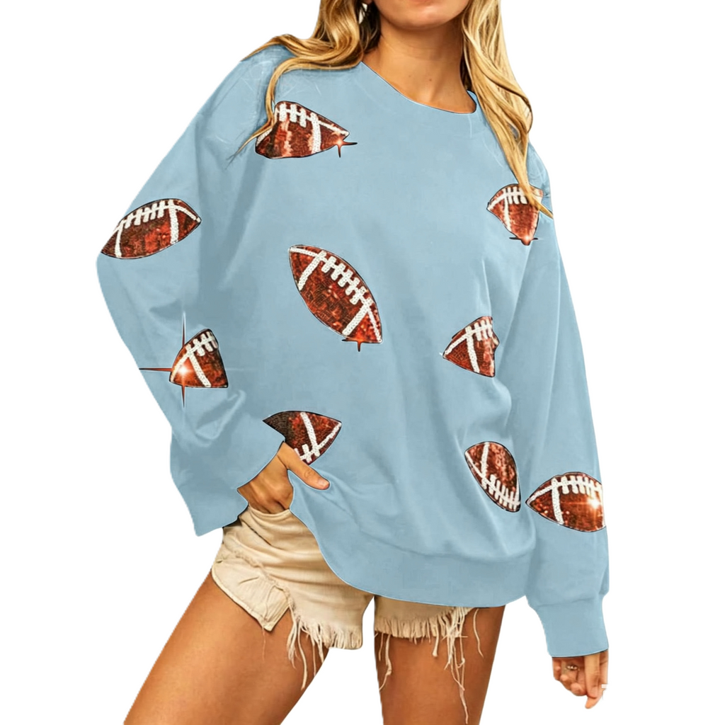 Sequin Football Patch Oversized Crew Sweatshirt - LtBlue