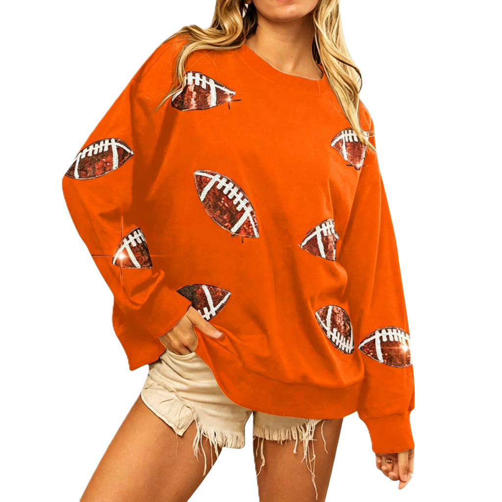 Sequin Football Patch Oversized Crew Sweatshirt - Orange