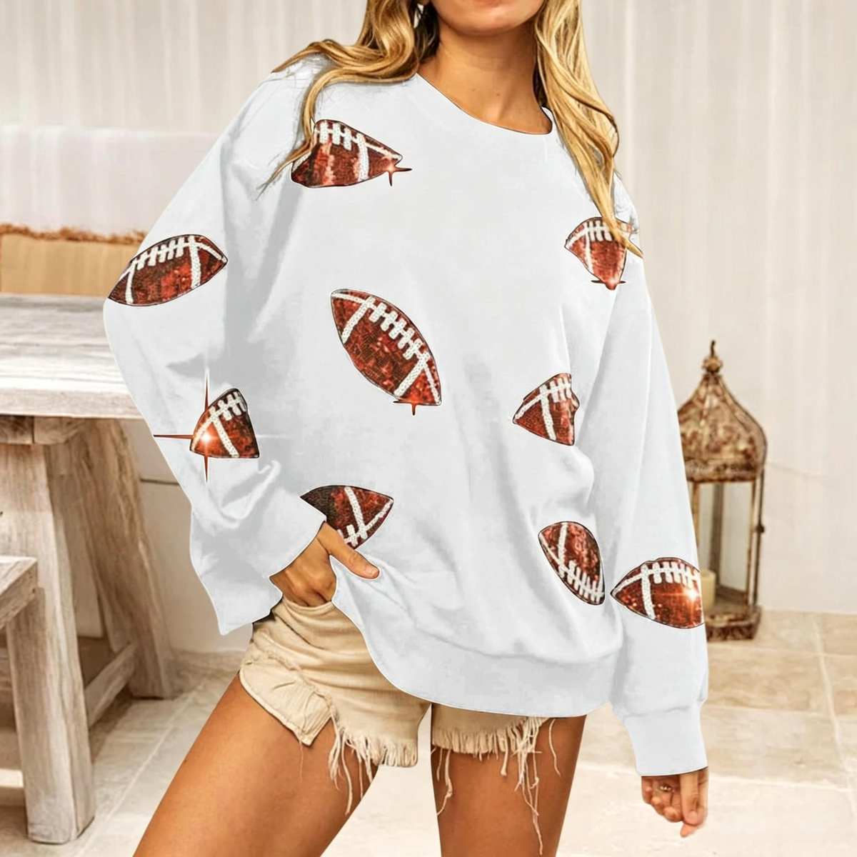 Sequin Football Patch Oversized Crew Sweatshirt - White