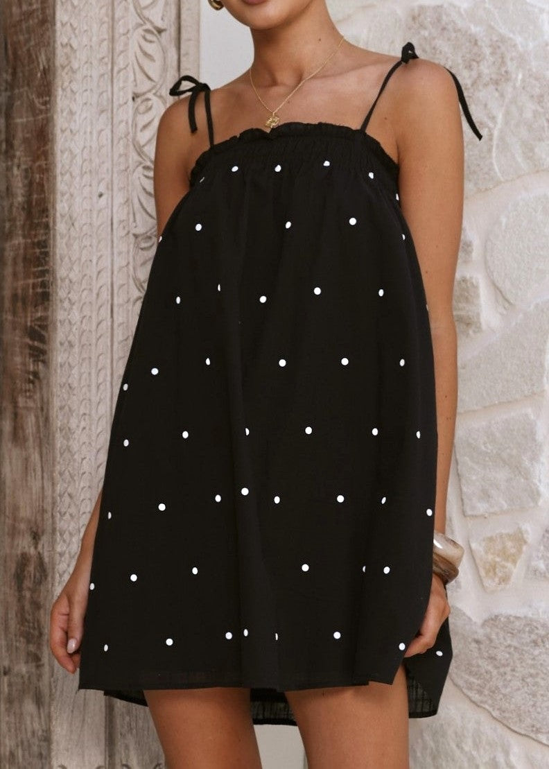 Tie Strap Babydoll Swing Mini Dress - Black