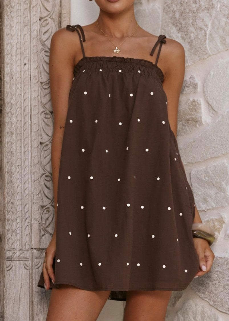 Tie Strap Babydoll Swing Mini Dress - Coffee