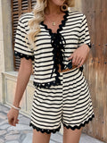 Striped Knit Tie Front Top And Shorts Set - Beige