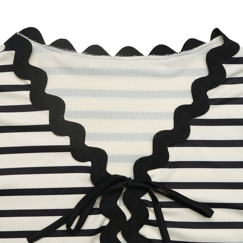 Striped Knit Tie Front Top And Shorts Set - Beige - 3