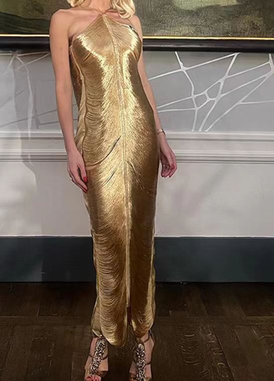 Halter Neck Pleated Column Maxi Dress - Golden