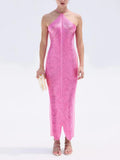 Halter Neck Pleated Column Maxi Dress - Pink