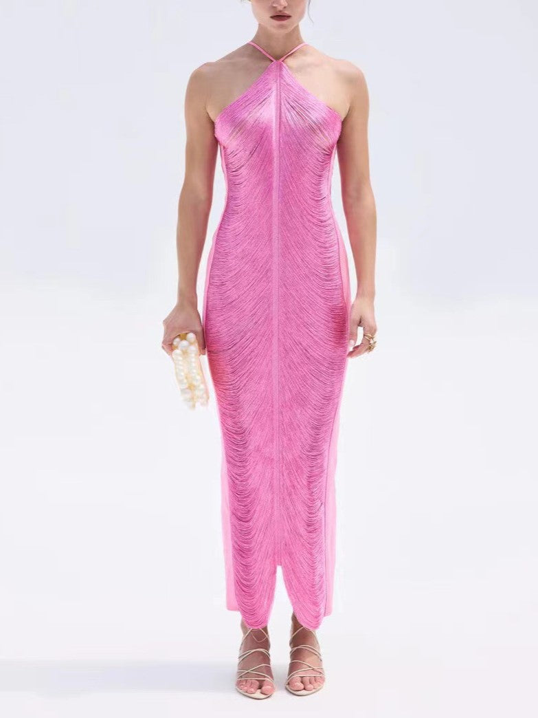 Halter Neck Pleated Column Maxi Dress - Pink