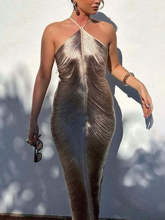 Halter Neck Pleated Column Maxi Dress - Silvery