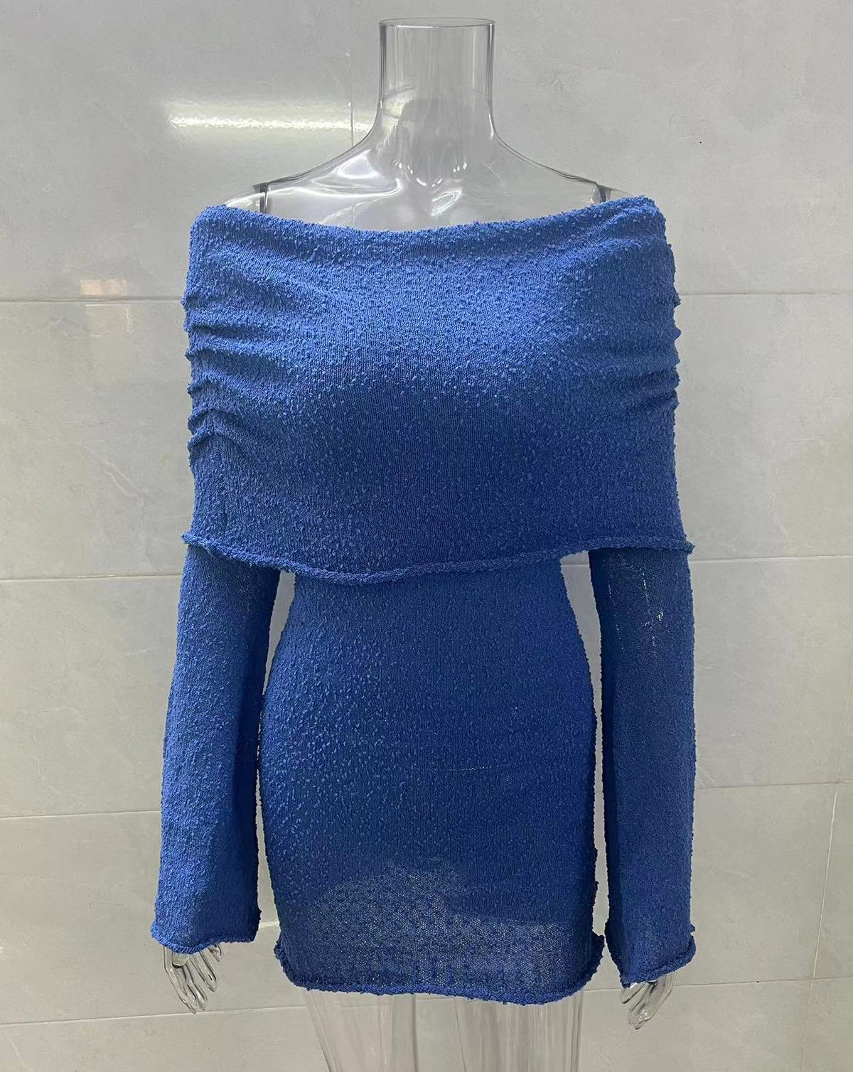 Fold Over Off Shoulder Flared Sleeve Mini Dress - Blue - 1