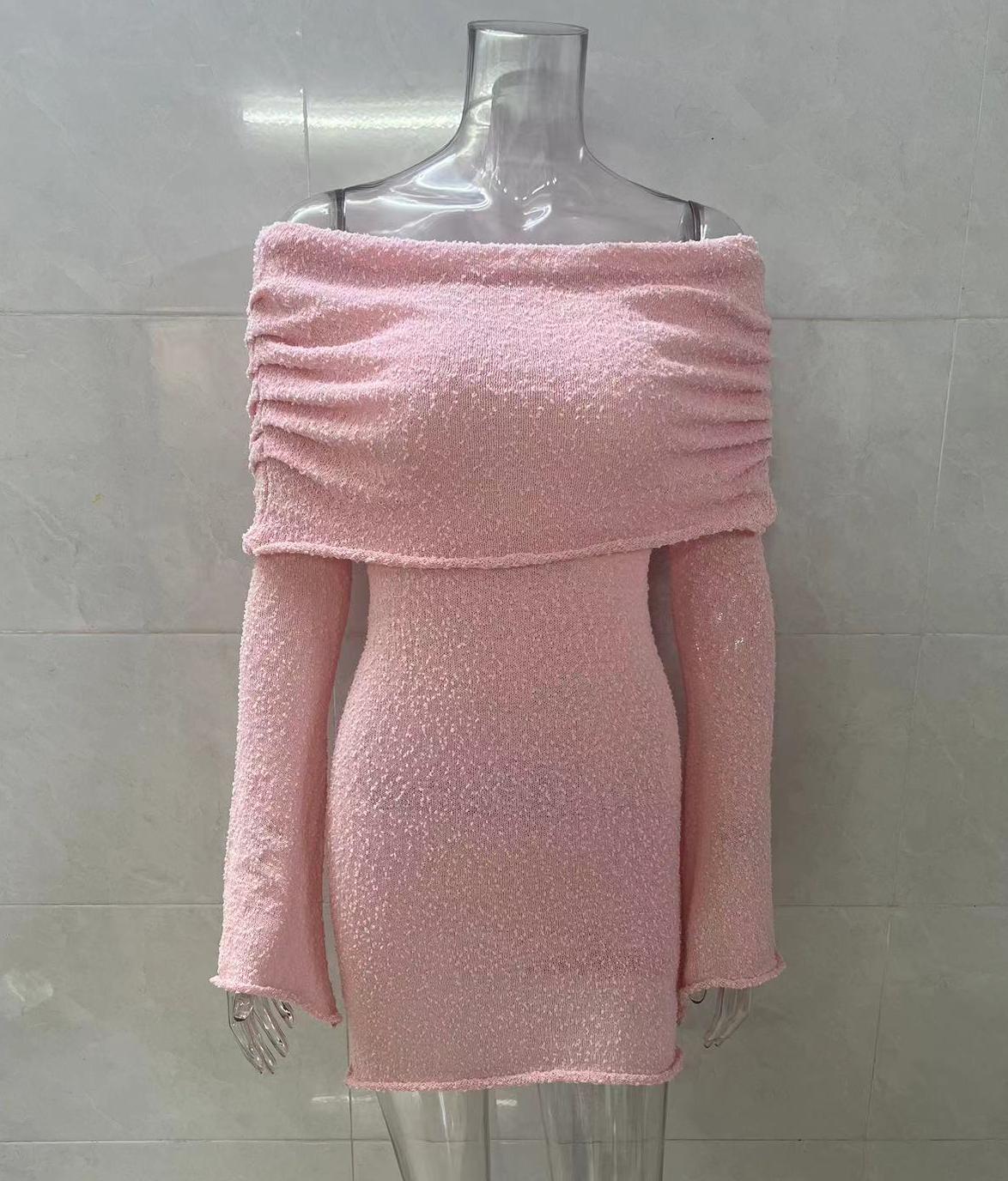 Fold Over Off Shoulder Flared Sleeve Mini Dress - Pink - 1