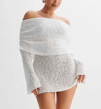Fold Over Off Shoulder Flared Sleeve Mini Dress - White