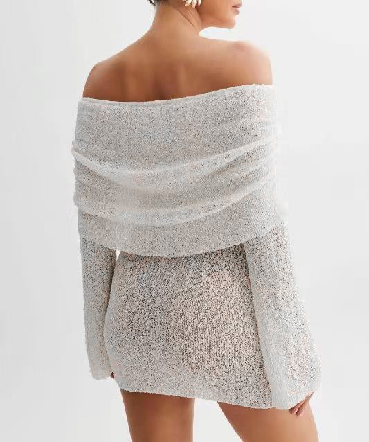 Fold Over Off Shoulder Flared Sleeve Mini Dress - White - 1