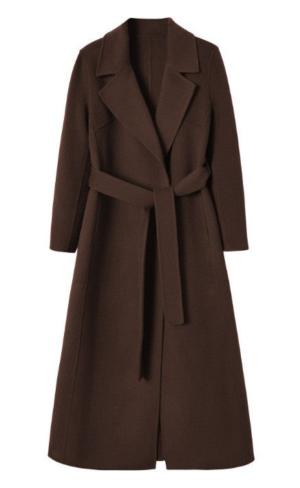 Rolled Cuff Belted Wool Long Wrap Coat - Brown Long