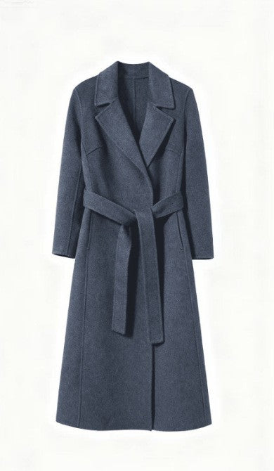 Rolled Cuff Belted Wool Long Wrap Coat - Gray Long