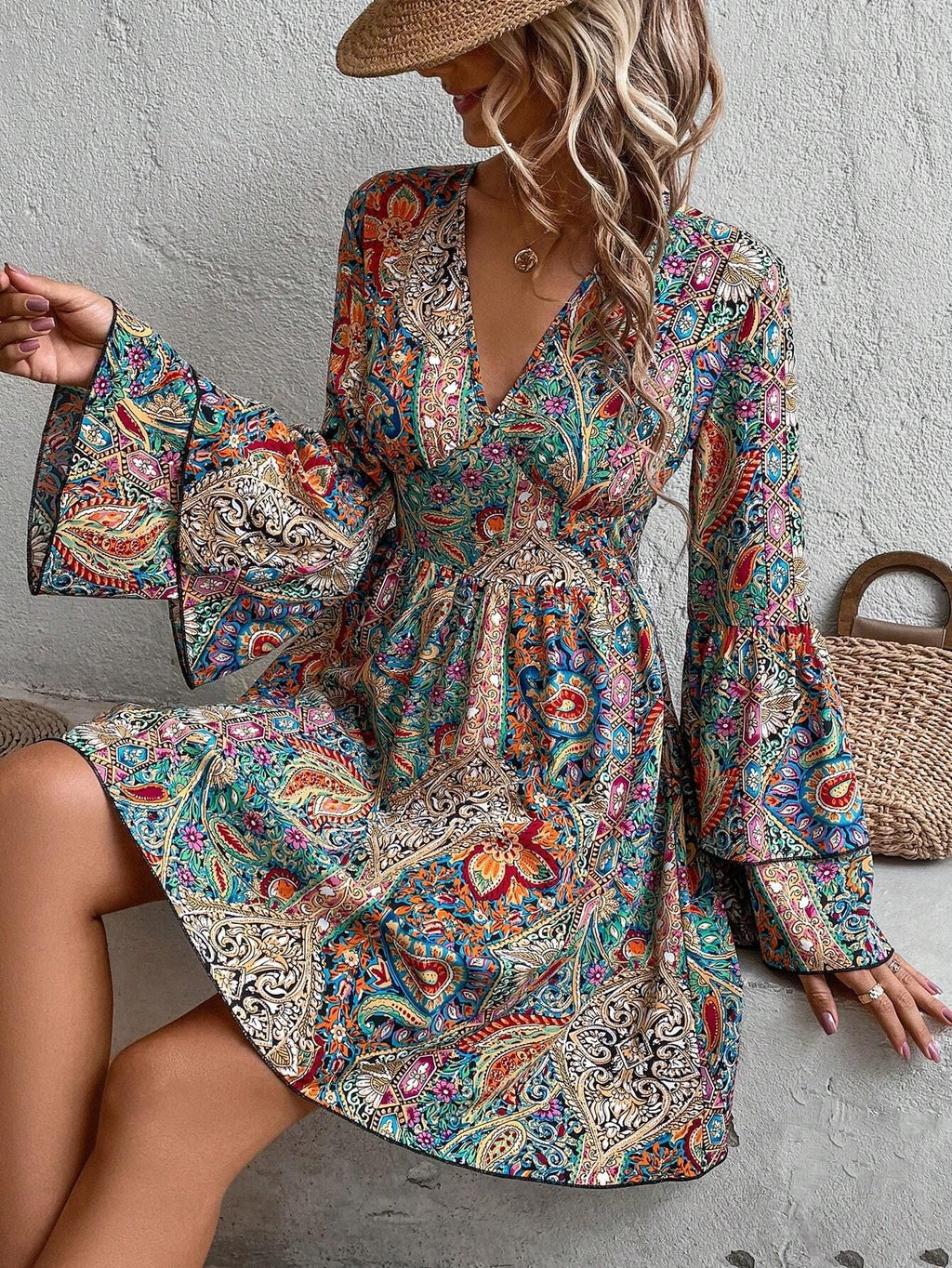 Boho Paisley Bell Sleeve Mini Dress - Decor - 2