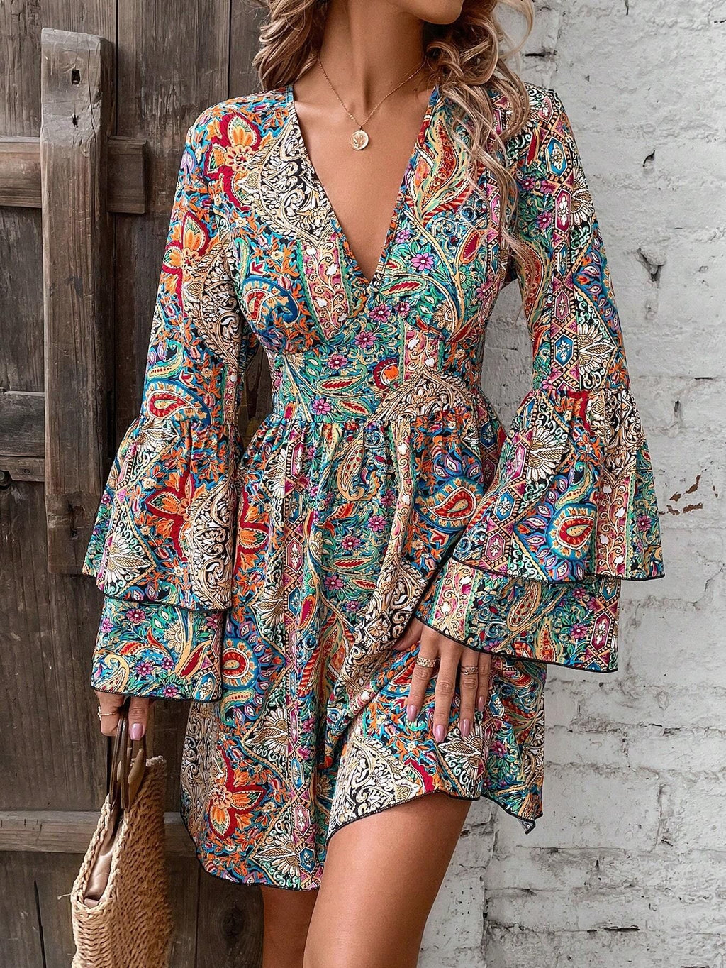 Boho Paisley Bell Sleeve Mini Dress - Decor - 4