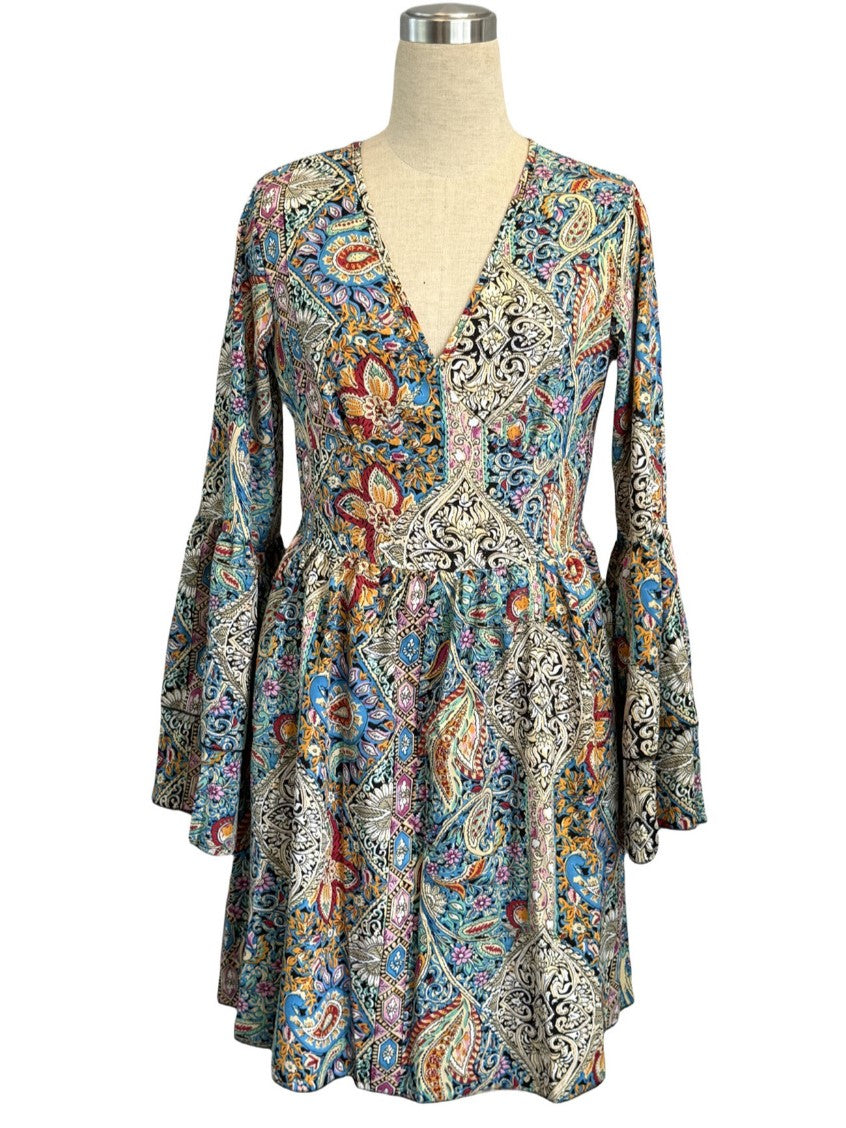 Boho Paisley Bell Sleeve Mini Dress - Decor - 5