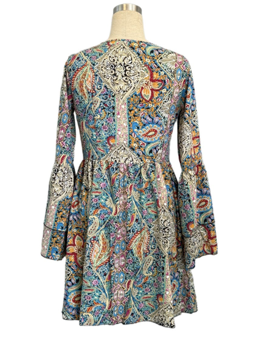 Boho Paisley Bell Sleeve Mini Dress - Decor - 6
