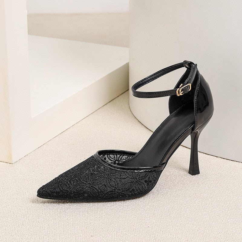 Pointed Toe Mesh Ankle Strap Heels - Black