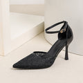 Pointed Toe Mesh Ankle Strap Heels - Black