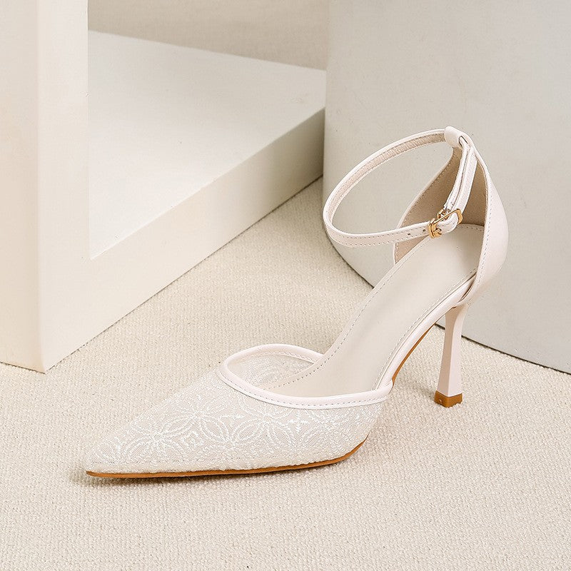 Pointed Toe Mesh Ankle Strap Heels - Ivory
