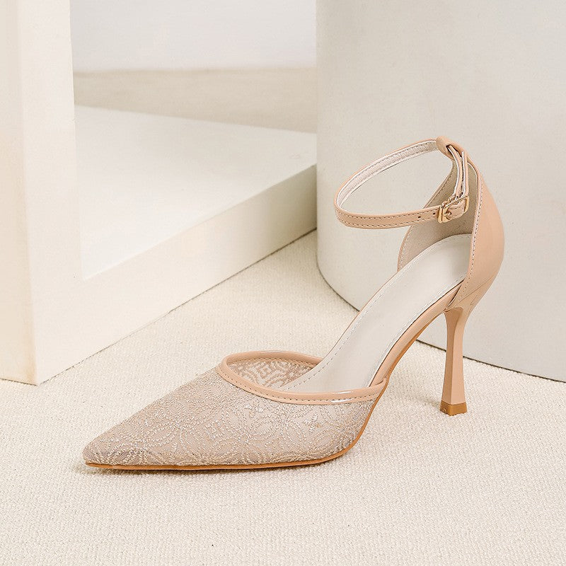 Pointed Toe Mesh Ankle Strap Heels - Nude