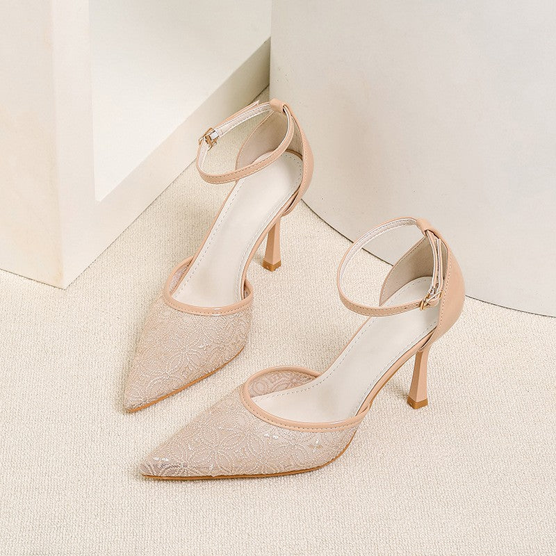 Pointed Toe Mesh Ankle Strap Heels