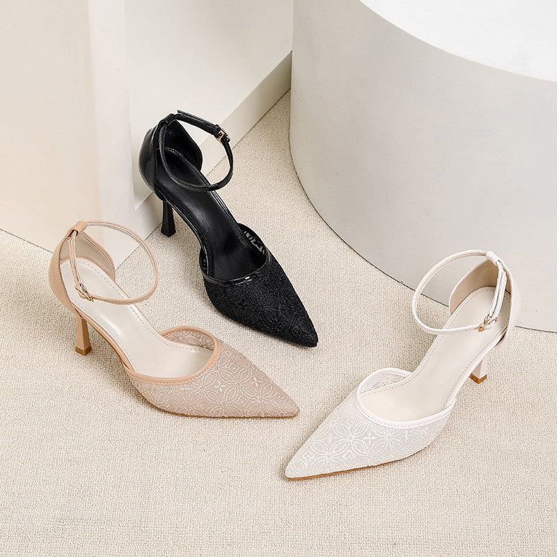 Pointed Toe Mesh Ankle Strap Heels