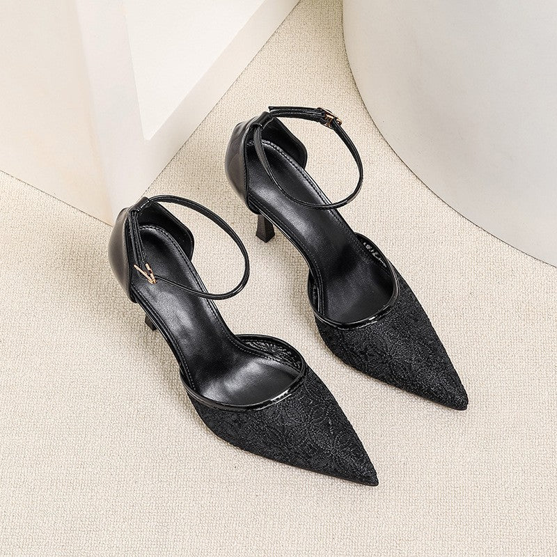 Pointed Toe Mesh Ankle Strap Heels