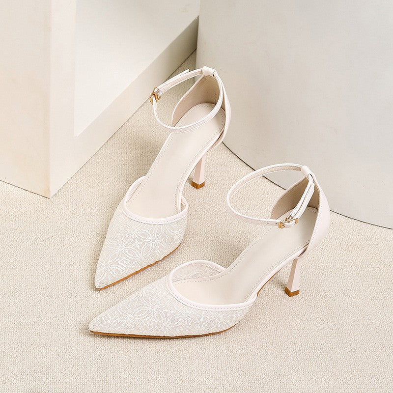 Pointed Toe Mesh Ankle Strap Heels