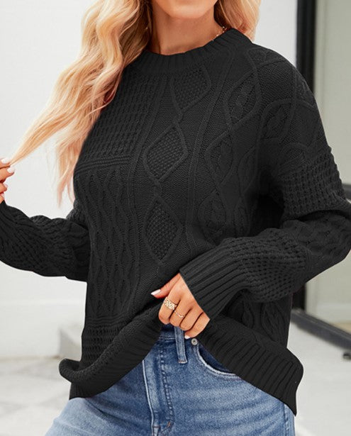 Diamond Cable Knit Crewneck Sweater - Black - 1