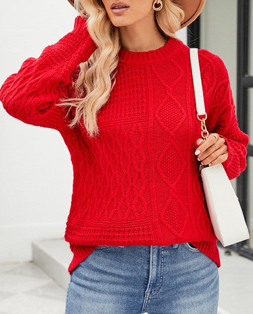 Diamond Cable Knit Crewneck Sweater - Red - 1
